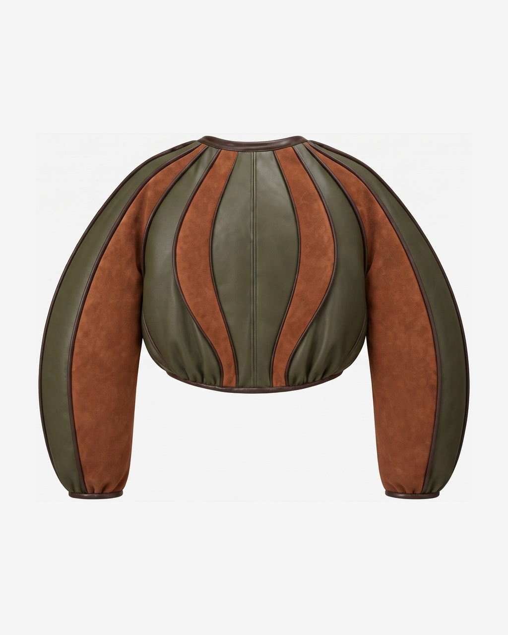 Tammarê Matohwe Leather Jacket, back view showing curved green calfskin and warm brown calf suede panels with contrast piping
