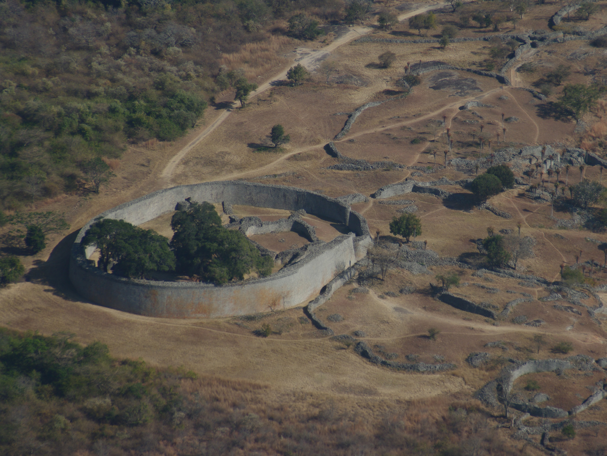 Aerial view of the stone walls and enclosures at Great Zimbabwe